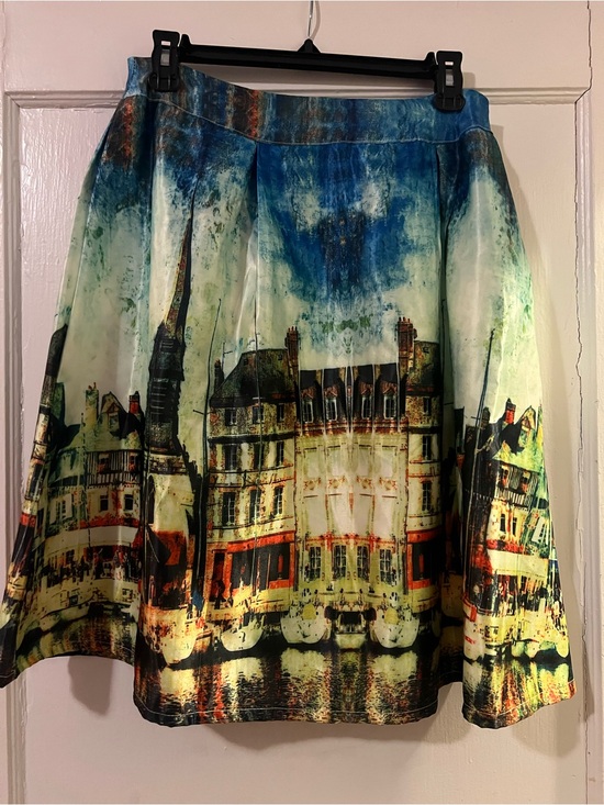 ME Makeover Essentials Dresses & Skirts - Artsy Women's Full A-Line Knee Length Skirt Multicolor City Graphic Print Zip